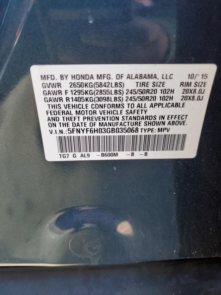 2016 Honda Pilot VIN 5FNYF6H03GB035068 Copart auction photo, front end / minor dent/scratches damage thumbnail 13