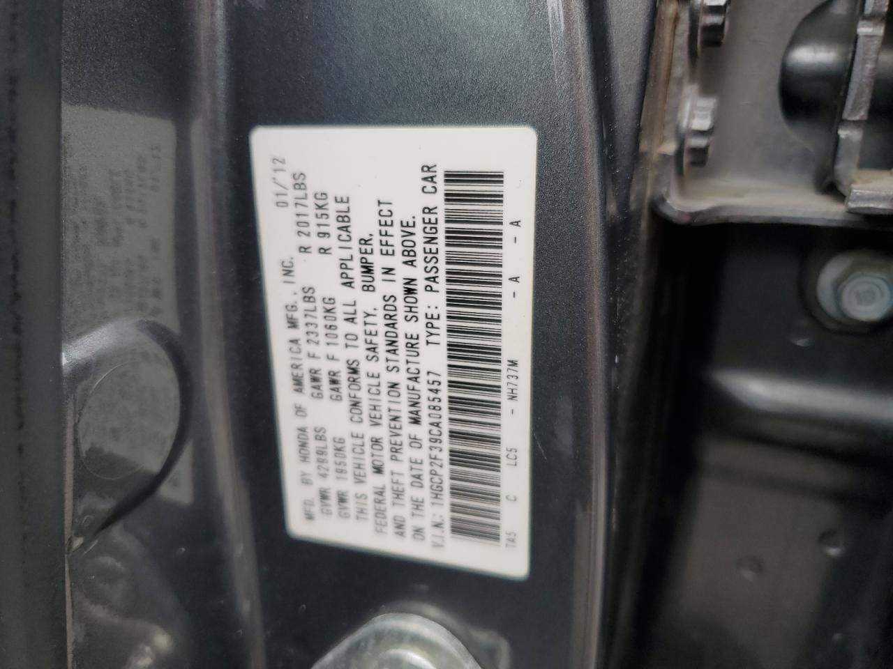 2012 Honda Accord VIN 1HGCP2F39CA085457 Copart auction photo, front end / rear end damage thumbnail 12