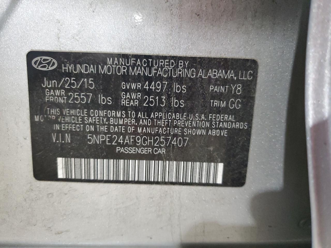 2016 Hyundai Sonata VIN 5NPE24AF9GH257407 Copart auction photo, front end / minor dent/scratches damage thumbnail 12