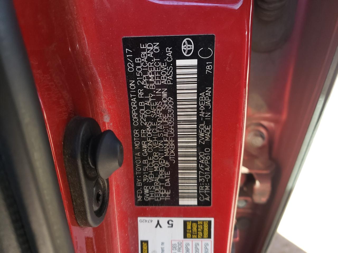 2017 Toyota Prius VIN JTDKBRFU6H3553909 Copart auction photo, front end damage thumbnail 12