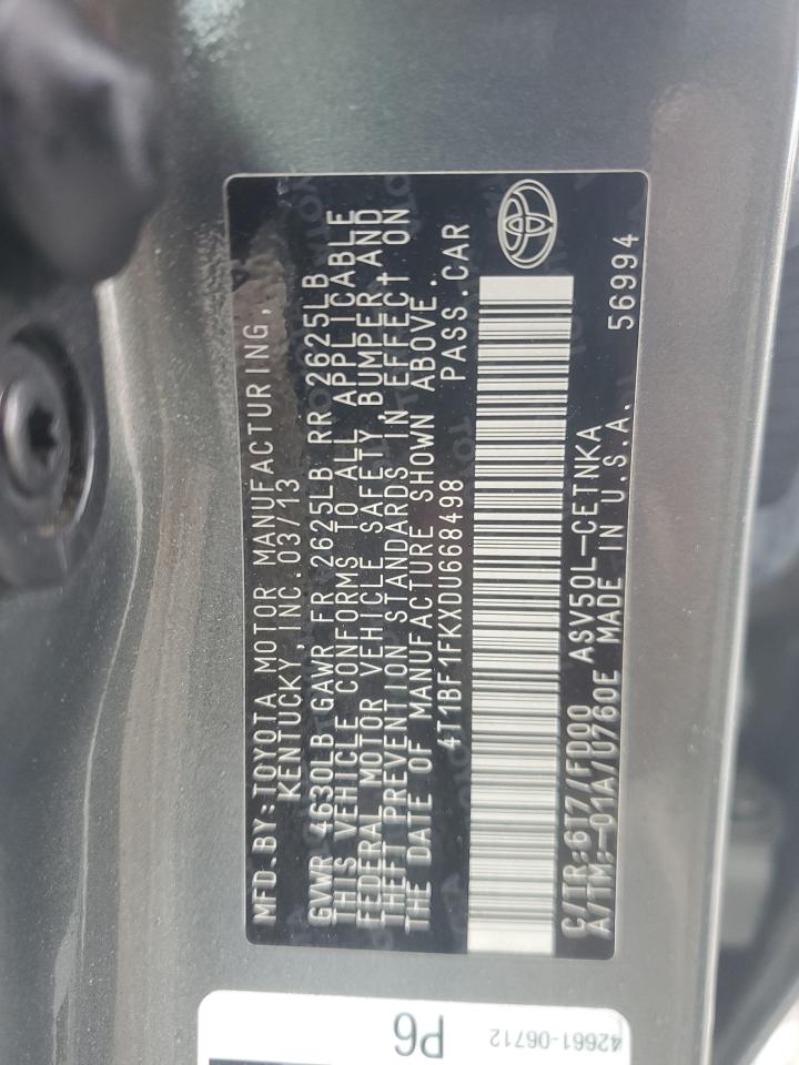 2013 Toyota Camry VIN 4T1BF1FKXDU668498 Copart auction photo, front end / side damage thumbnail 13