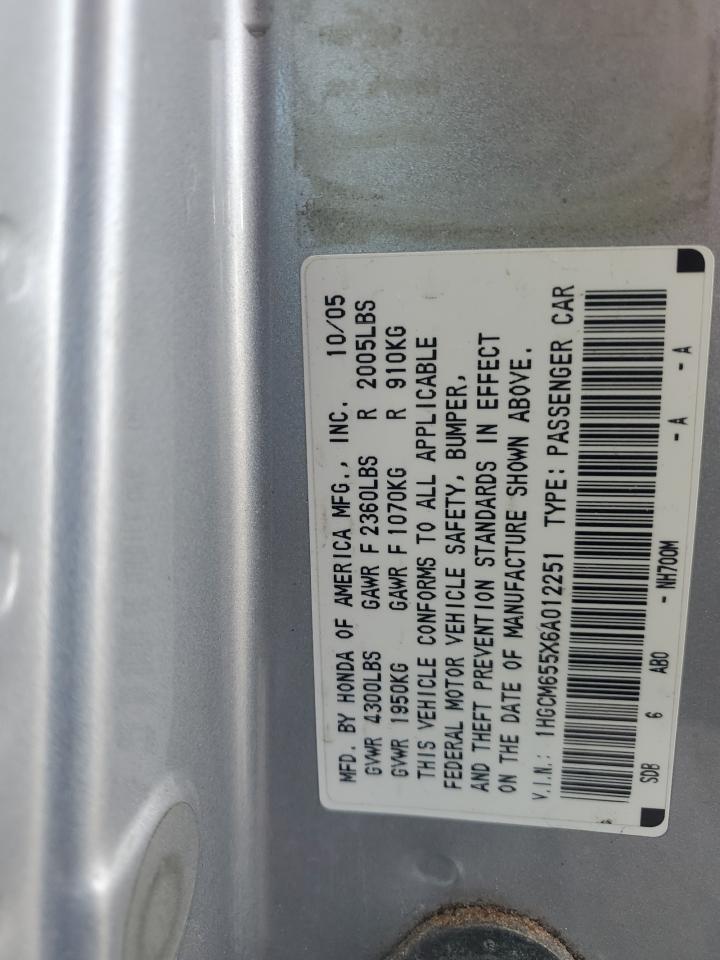 2006 Honda Accord VIN 1HGCM655X6A012251 Copart auction photo, side damage thumbnail 12