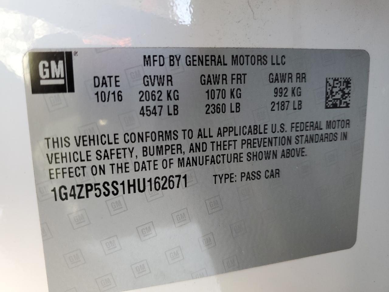 2017 Buick LaCrosse VIN 1G4ZP5SS1HU162671 Copart auction photo, rear end / side damage thumbnail 12