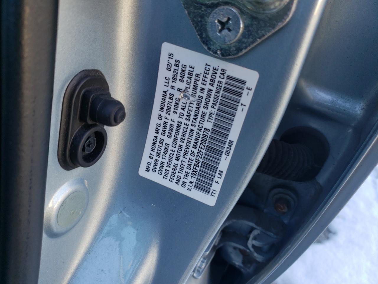 2015 Honda Civic VIN 19XFB4F22FE200978 Copart auction photo, front end / side damage thumbnail 12