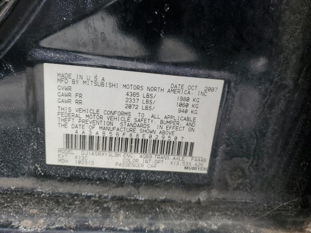 2008 Mitsubishi Galant VIN 4A3AB56F88E029507 Copart auction photo, front end / side damage thumbnail 14