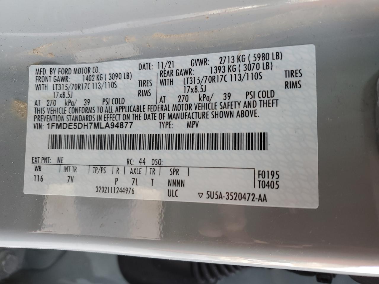 2021 Ford Bronco VIN 1FMDE5DH7MLA94877 Copart auction photo, front end damage thumbnail 15