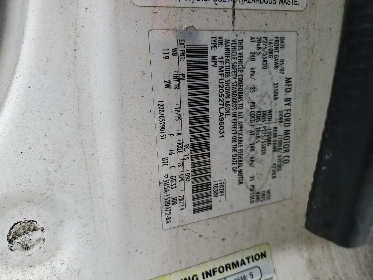 2007 Ford Expedition VIN 1FMFU20527LA96031 Copart auction photo, front end / side damage thumbnail 15
