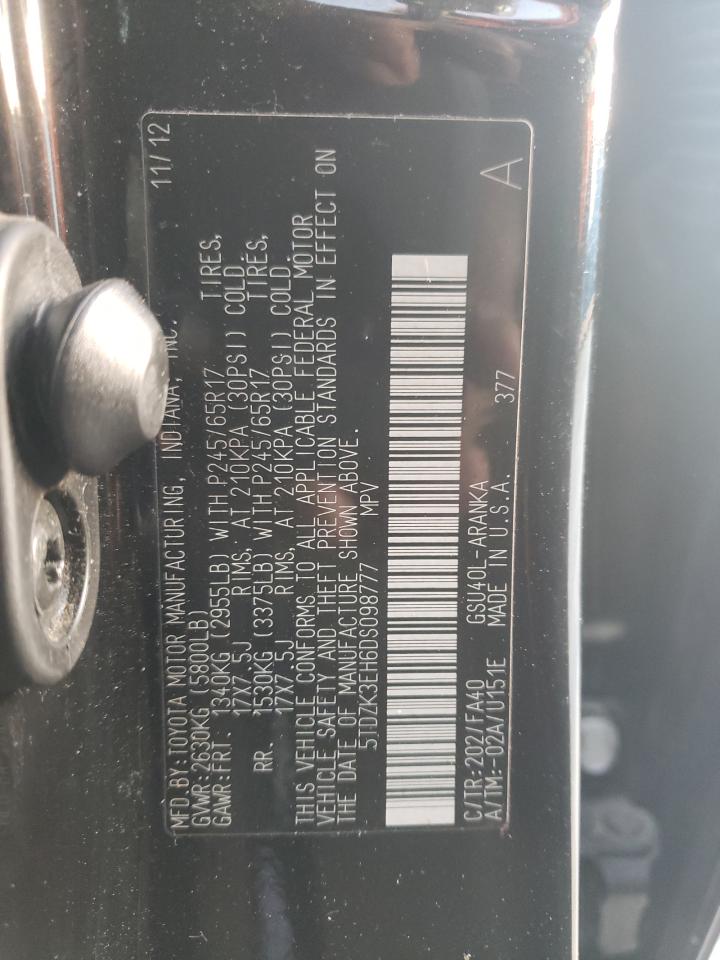 2013 Toyota Highlander VIN 5TDZK3EH6DS098777 Copart auction photo, top/roof damage thumbnail 13