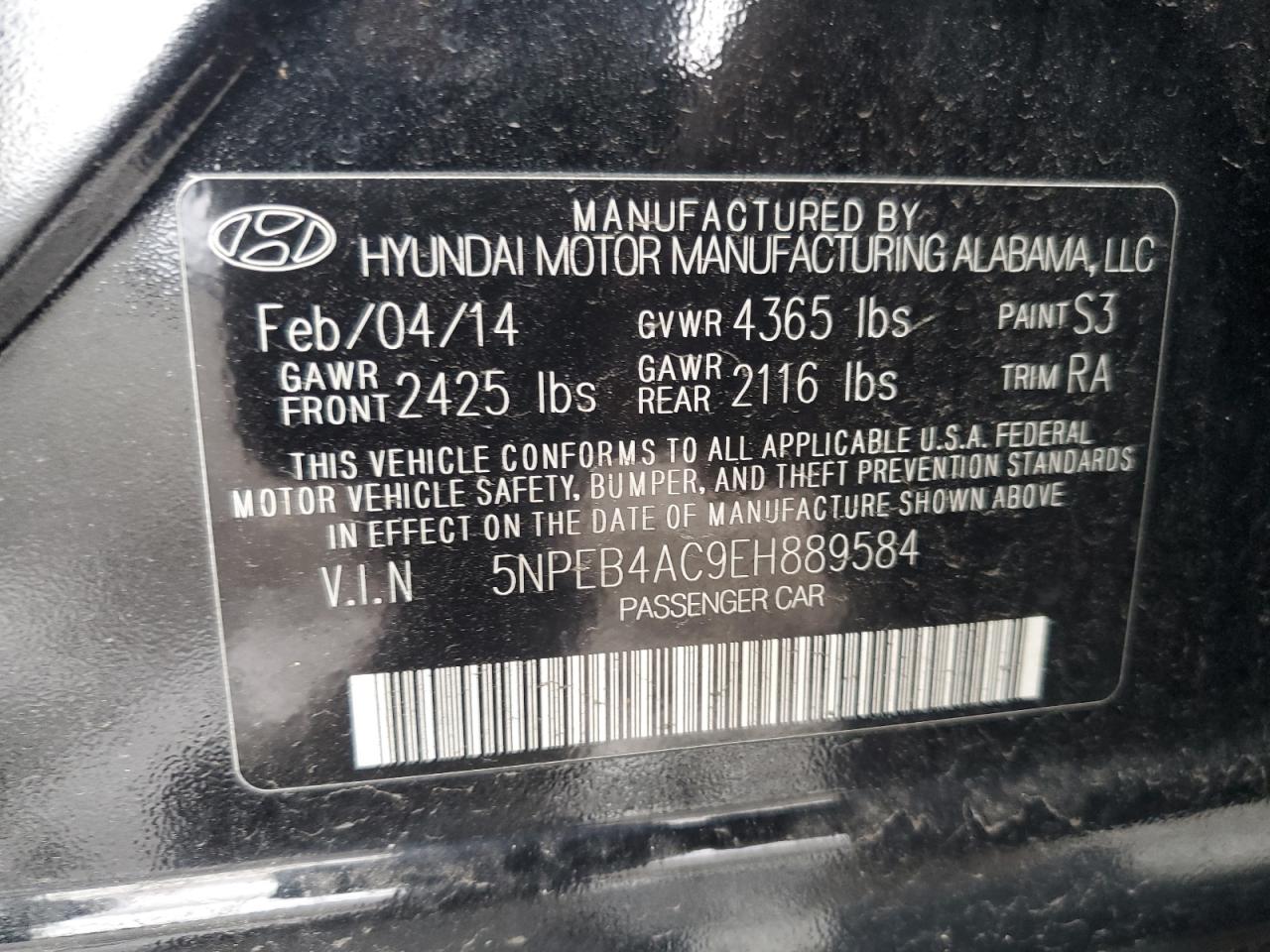 2014 Hyundai Sonata VIN 5NPEB4AC9EH889584 Copart auction photo, vandalism / minor dent/scratches damage thumbnail 12