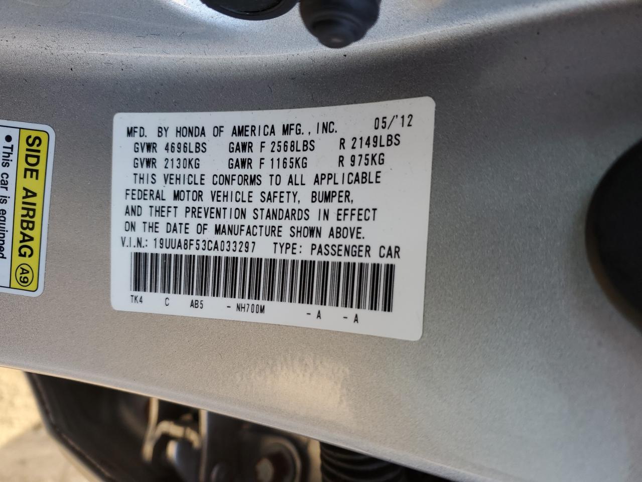 2012 Acura TL VIN 19UUA8F53CA033297 Copart auction photo, front end damage thumbnail 12