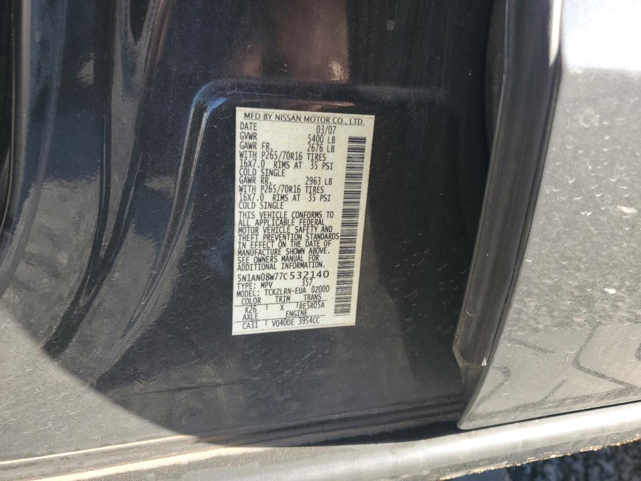 2007 Nissan XTerra VIN 5N1AN08W77C532140 Copart auction photo, front end damage thumbnail 13