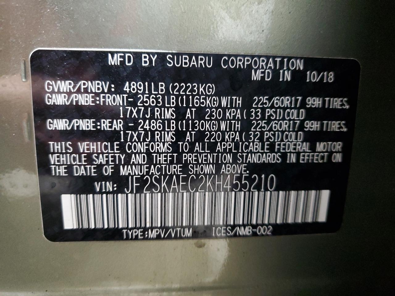 2019 Subaru Forester VIN JF2SKAEC2KH455210 Copart auction photo, all over / hail damage thumbnail 14