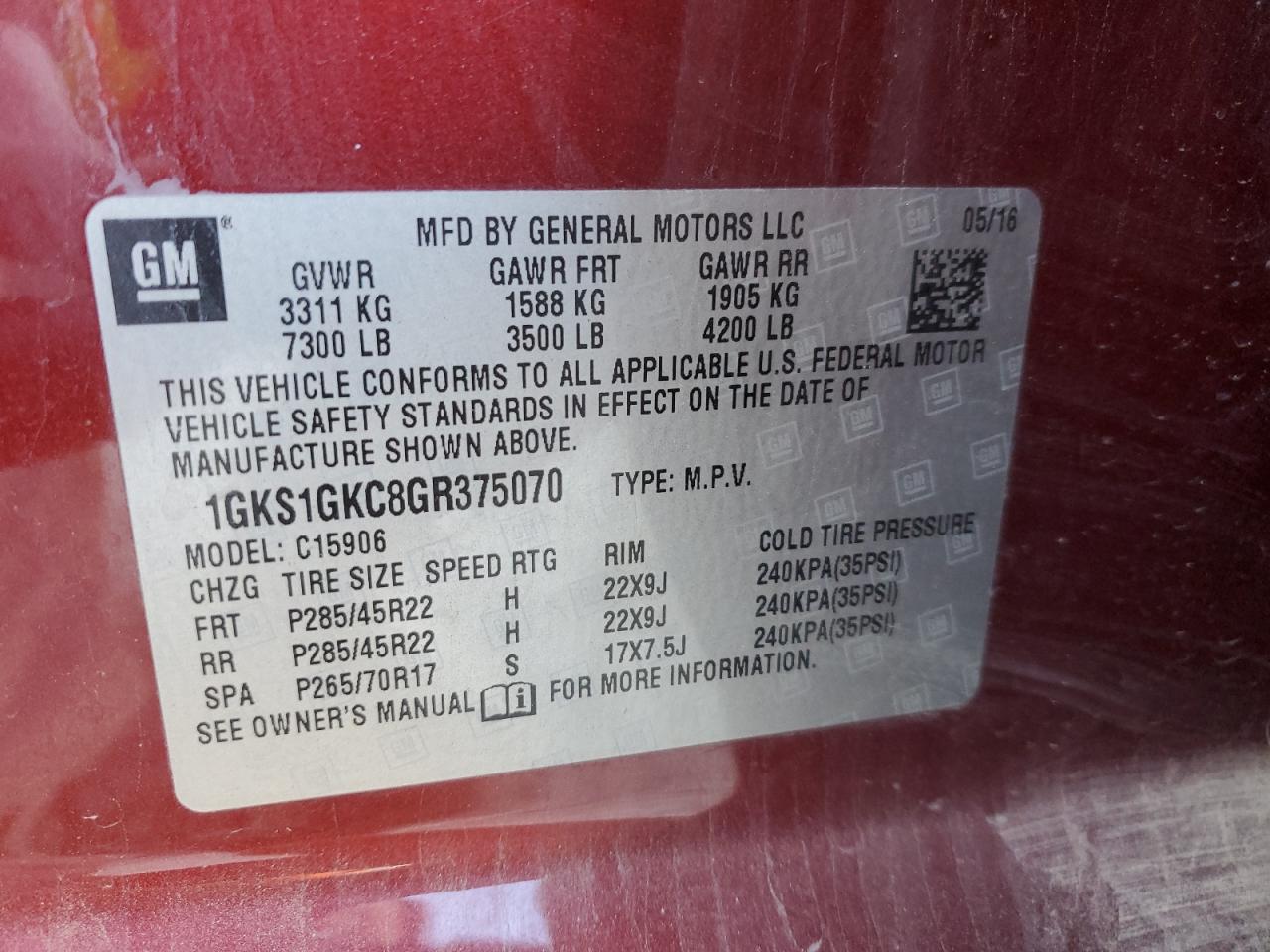 2016 GMC Yukon VIN 1GKS1GKC8GR375070 Copart auction photo, front end / mechanical damage thumbnail 15