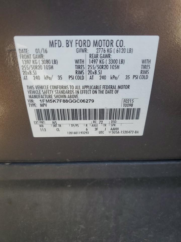2016 Ford Explorer VIN 1FM5K7F88GGC06279 Copart auction photo, front end / side damage thumbnail 14