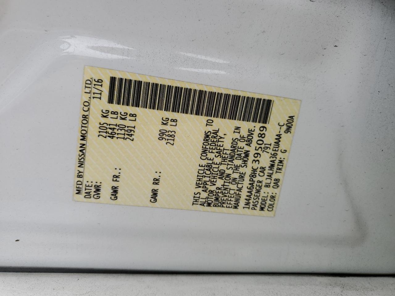 2017 Nissan Maxima VIN 1N4AA6AP8HC395089 Copart auction photo, front end damage thumbnail 12