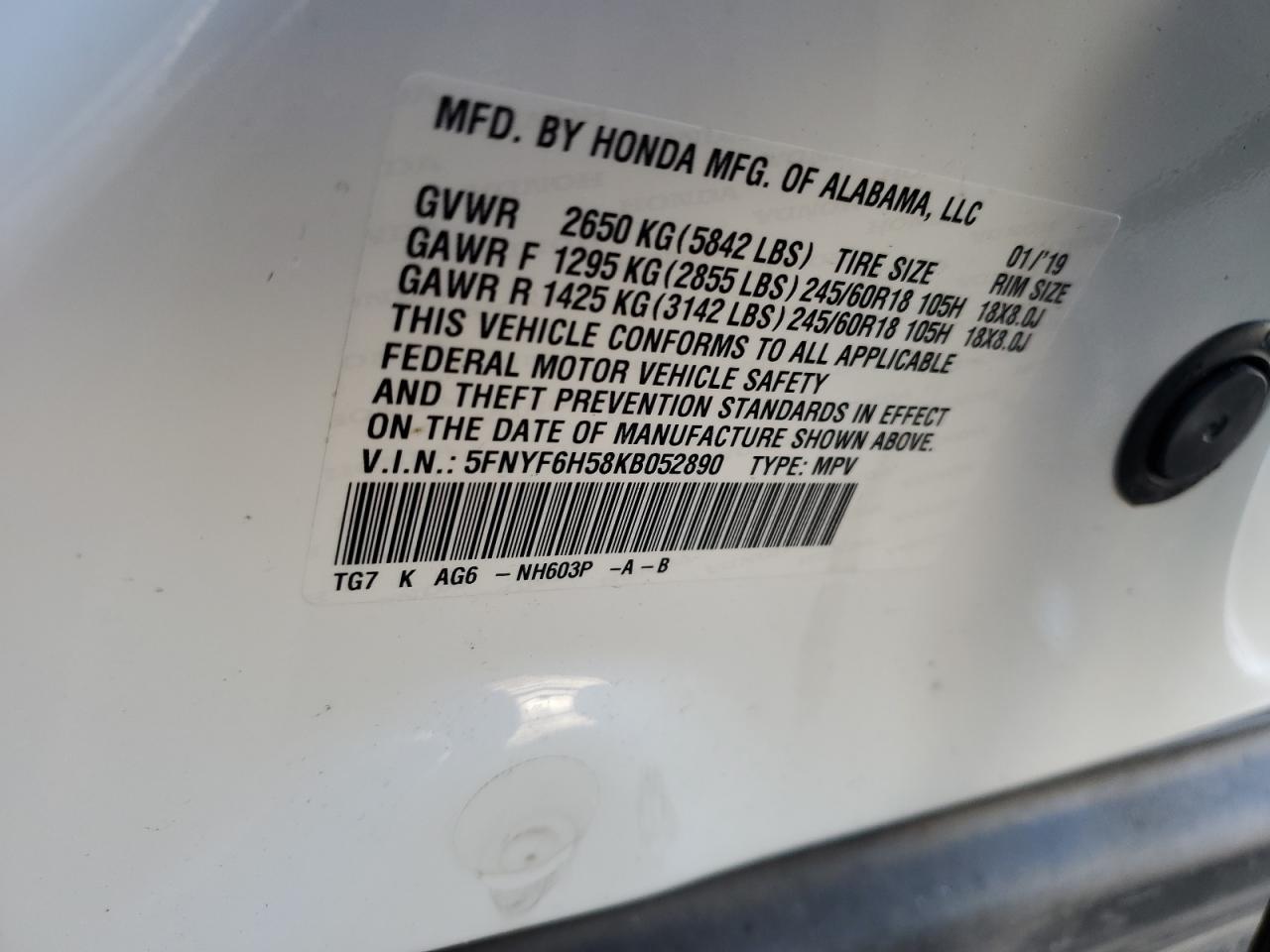 2019 Honda Pilot VIN 5FNYF6H58KB052890 Copart auction photo, front end damage thumbnail 14