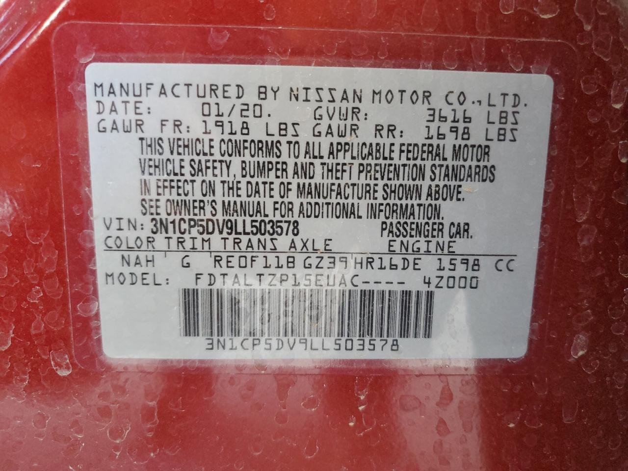 2020 Nissan Kicks VIN 3N1CP5DV9LL503578 Copart auction photo, side / rear end damage thumbnail 13