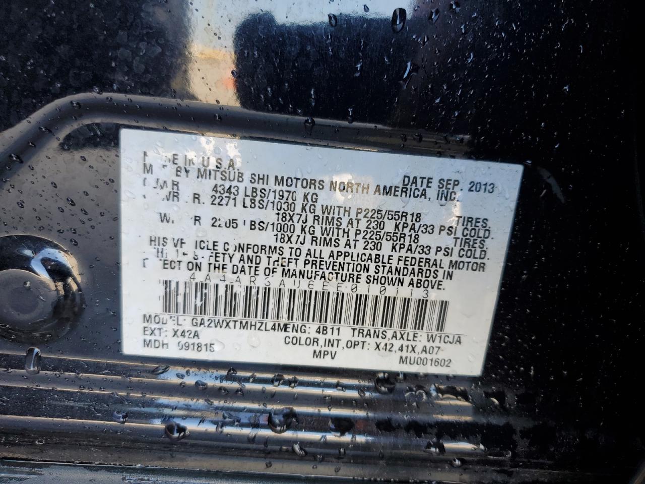 2014 Mitsubishi Outlander VIN 4A4AR3AU6EE010113 Copart auction photo, front end / side damage thumbnail 13
