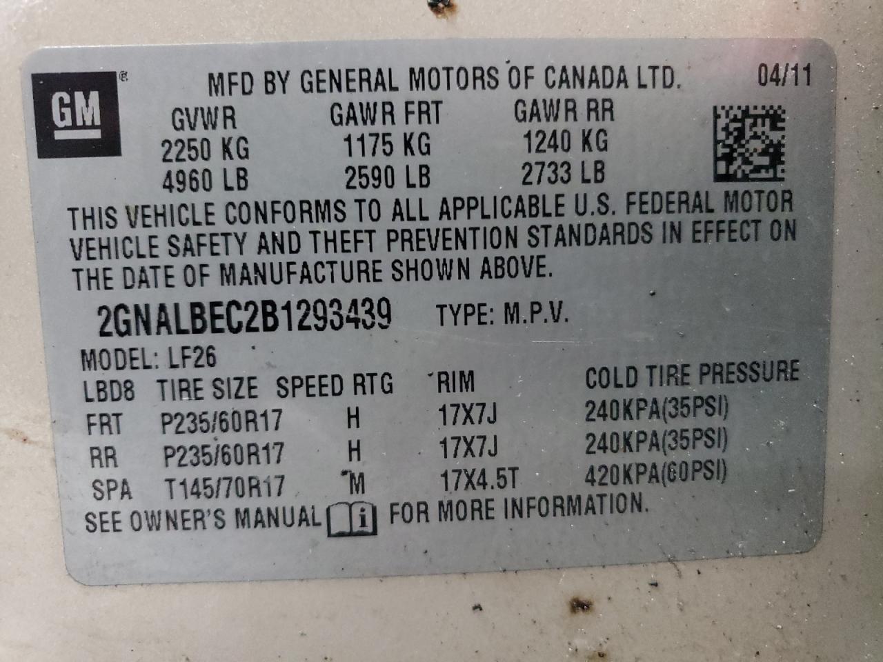 2011 Chevrolet Equinox VIN 2GNALBEC2B1293439 Copart auction photo, minor dent/scratches / undercarriage damage thumbnail 13