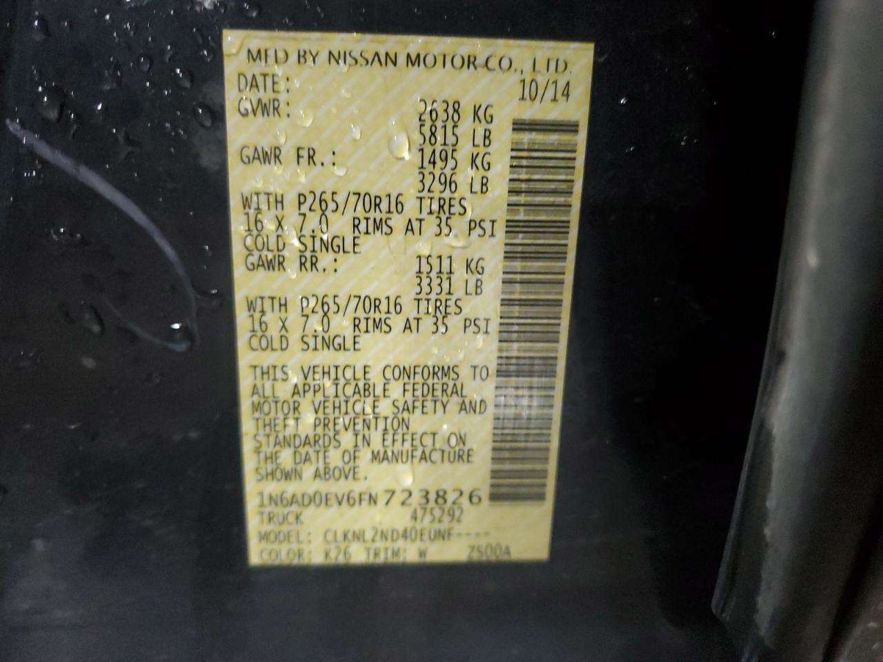 2015 Nissan Navara (Frontier) VIN 1N6AD0EV6FN723826 Copart auction photo, front end damage thumbnail 13