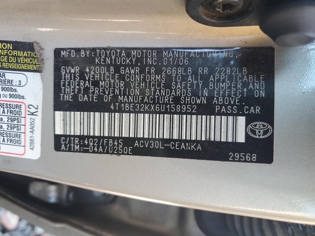 2006 Toyota Camry VIN 4T1BE32KX6U158952 Copart auction photo, front end / rear end damage thumbnail 13