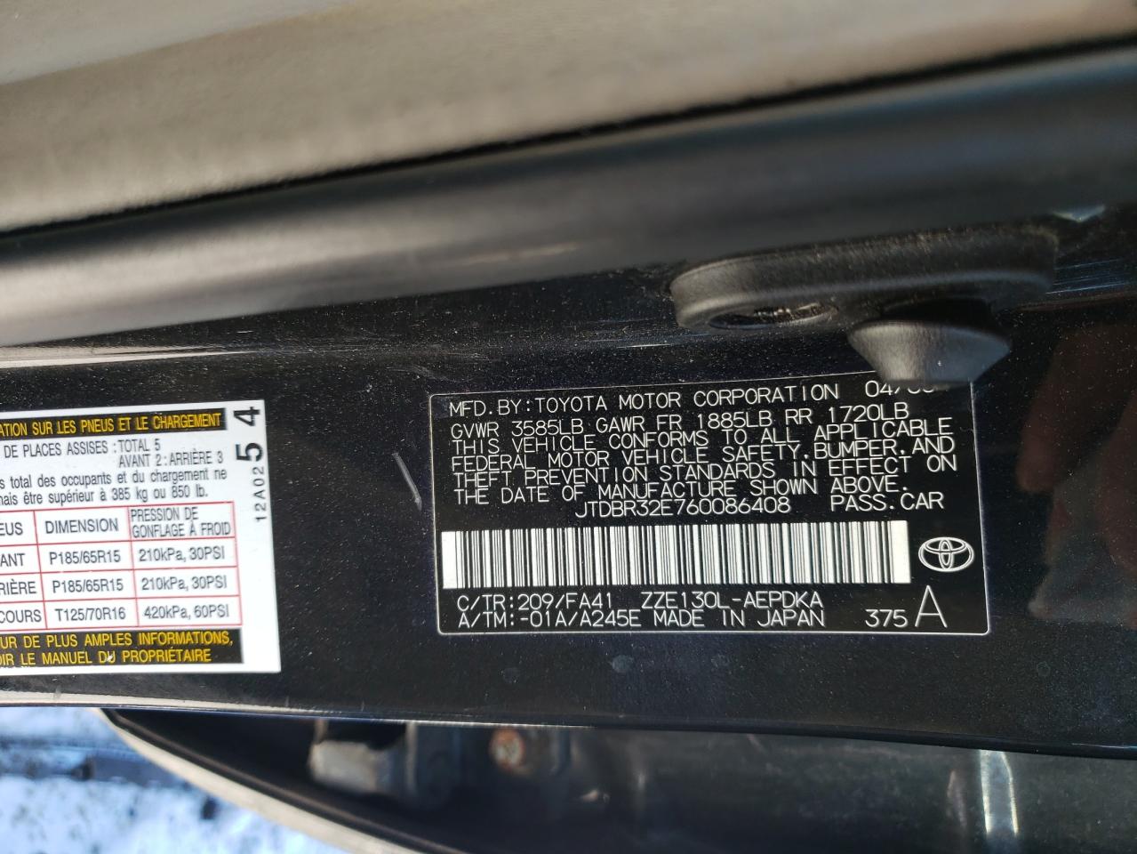2006 Toyota Corolla VIN JTDBR32E760086408 Copart auction photo, all over damage thumbnail 13