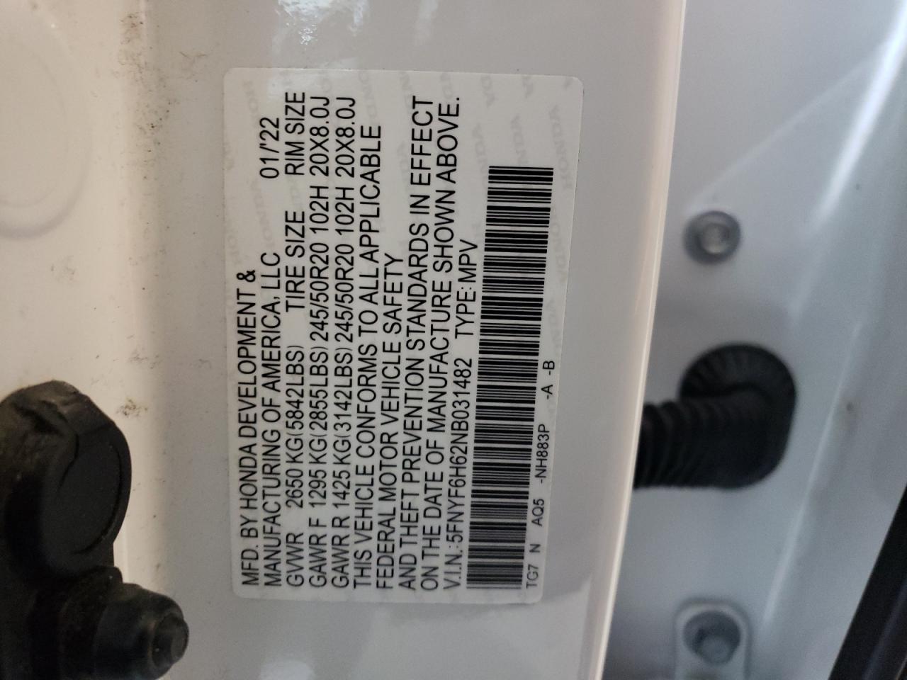 2022 Honda Pilot VIN 5FNYF6H62NB031482 Copart auction photo, front end / undercarriage damage thumbnail 14