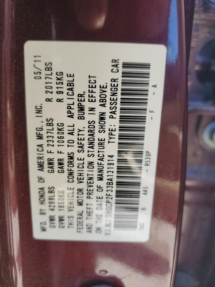 2011 Honda Accord VIN 1HGCP2F33BA131914 Copart auction photo, front end damage thumbnail 14