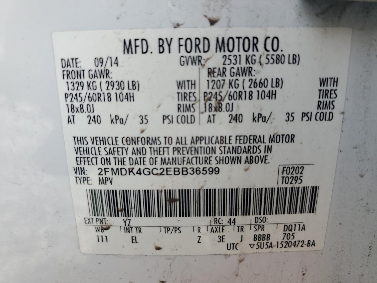 2014 Ford Edge VIN 2FMDK4GC2EBB36599 Copart auction photo, front end / minor dent/scratches damage thumbnail 13