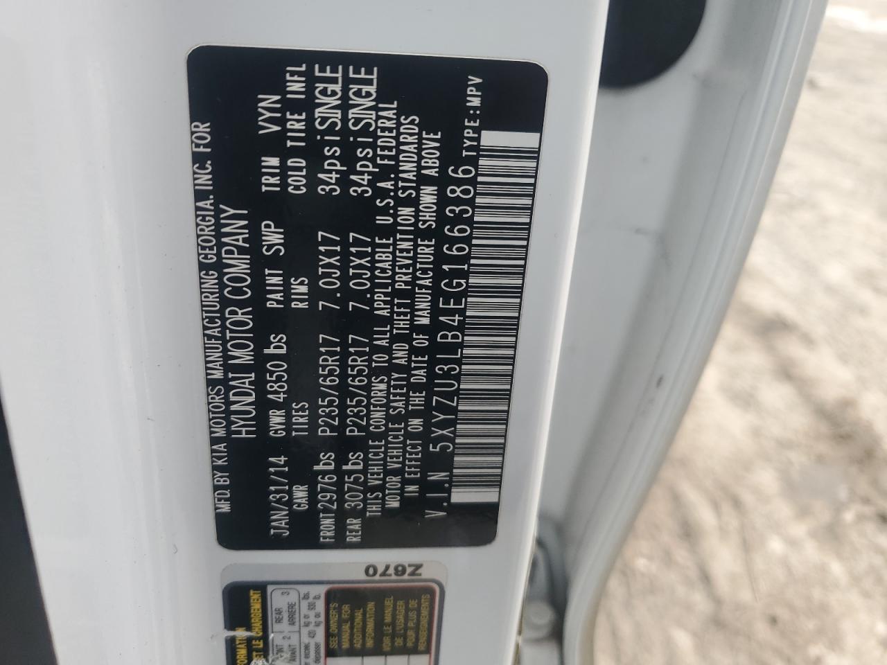 2014 Hyundai Santa Fe VIN 5XYZU3LB4EG166386 Copart auction photo, front end damage thumbnail 13