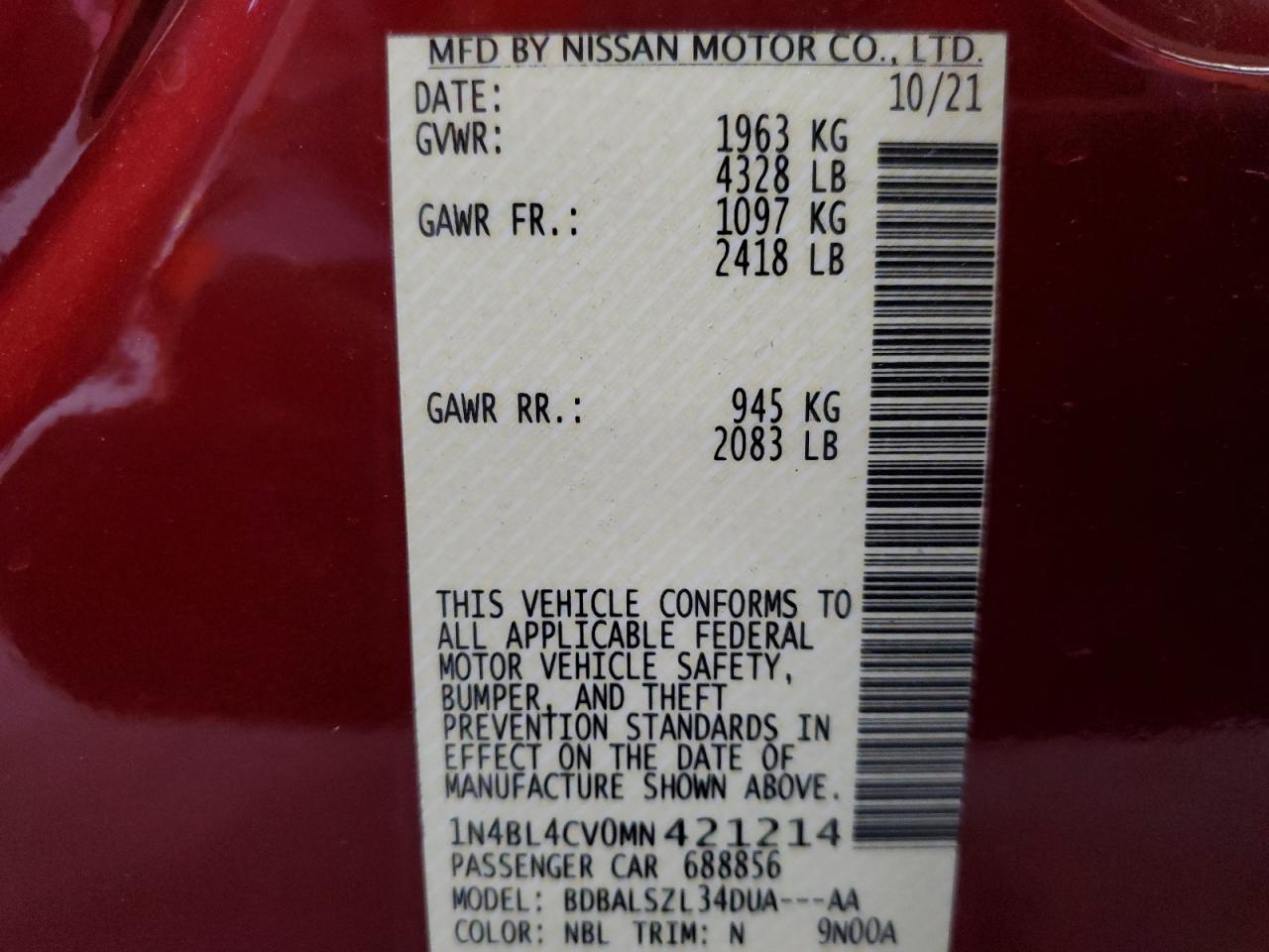 2021 Nissan Altima VIN 1N4BL4CV0MN421214 Copart auction photo, front end / side damage thumbnail 15