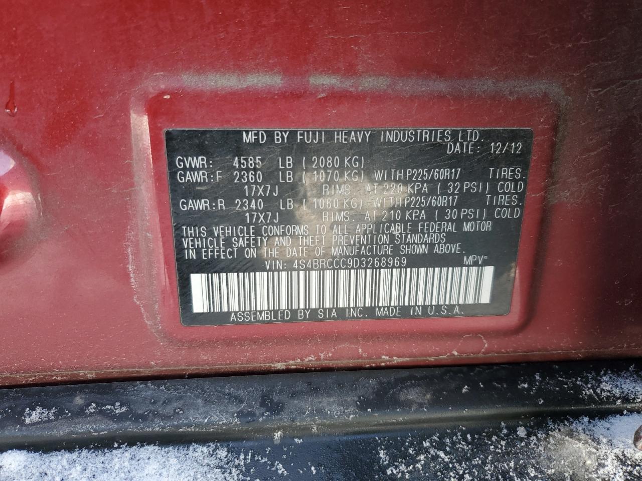 2013 Subaru Outback VIN 4S4BRCCC9D3268969 Copart auction photo, front end damage thumbnail 15