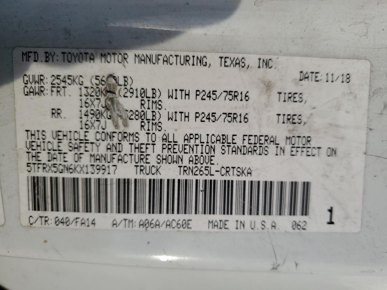 2019 Toyota Tacoma VIN 5TFRX5GN6KX139917 Copart auction photo, all over damage thumbnail 12