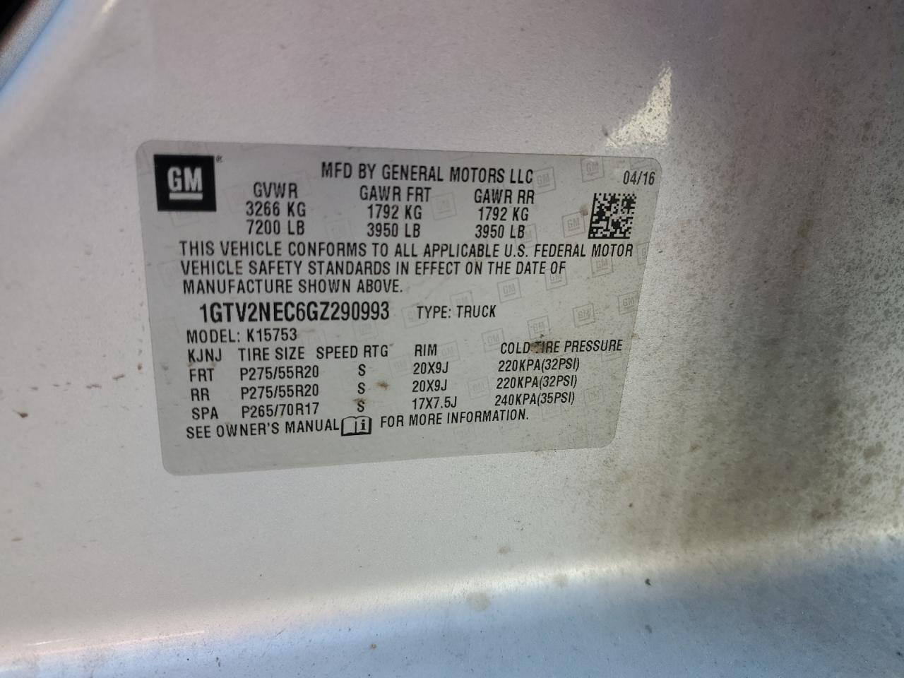 2016 GMC Sierra VIN 1GTV2NEC6GZ290993 Copart auction photo, rejected repair damage thumbnail 12