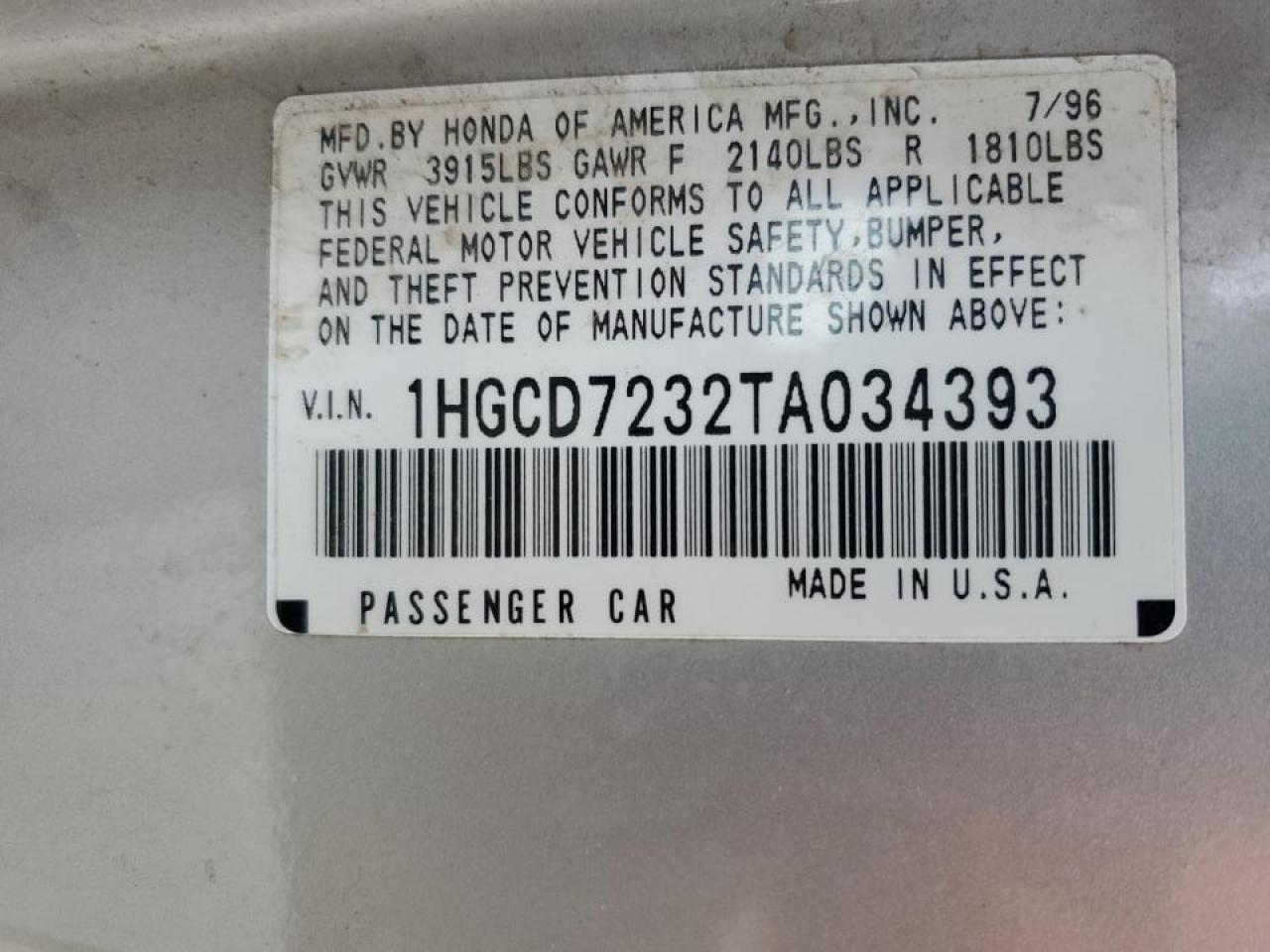 1996 Honda Accord VIN 1HGCD7232TA034393 Copart auction photo, front end damage thumbnail 12