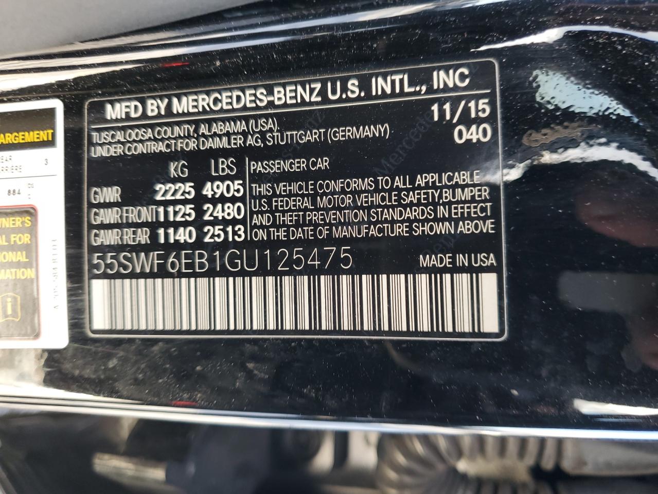 2016 Mercedes-Benz C-klasse VIN 55SWF6EB1GU125475 Copart auction photo, front end / minor dent/scratches damage thumbnail 15