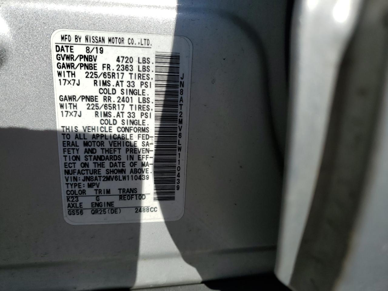 2020 Nissan Rogue VIN JN8AT2MV6LW110439 Copart auction photo, front end damage thumbnail 12