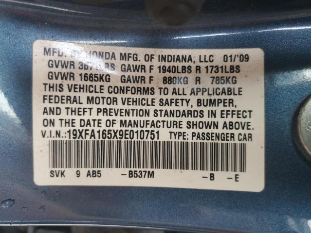 2009 Honda Civic VIN 19XFA165X9E010751 Copart auction photo, front end damage thumbnail 12