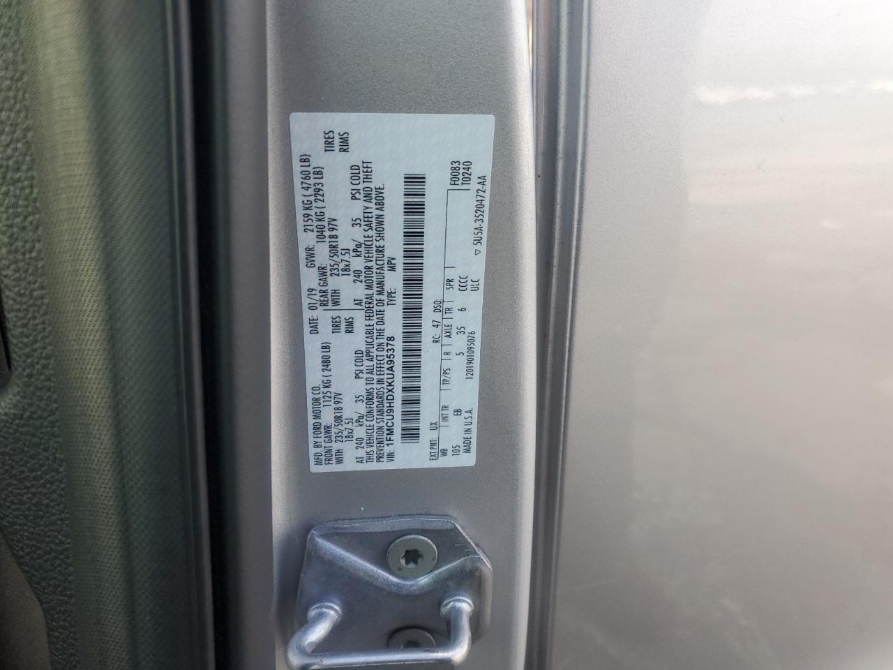 2019 Ford Escape VIN 1FMCU9HDXKUA95378 Copart auction photo, front end damage thumbnail 14