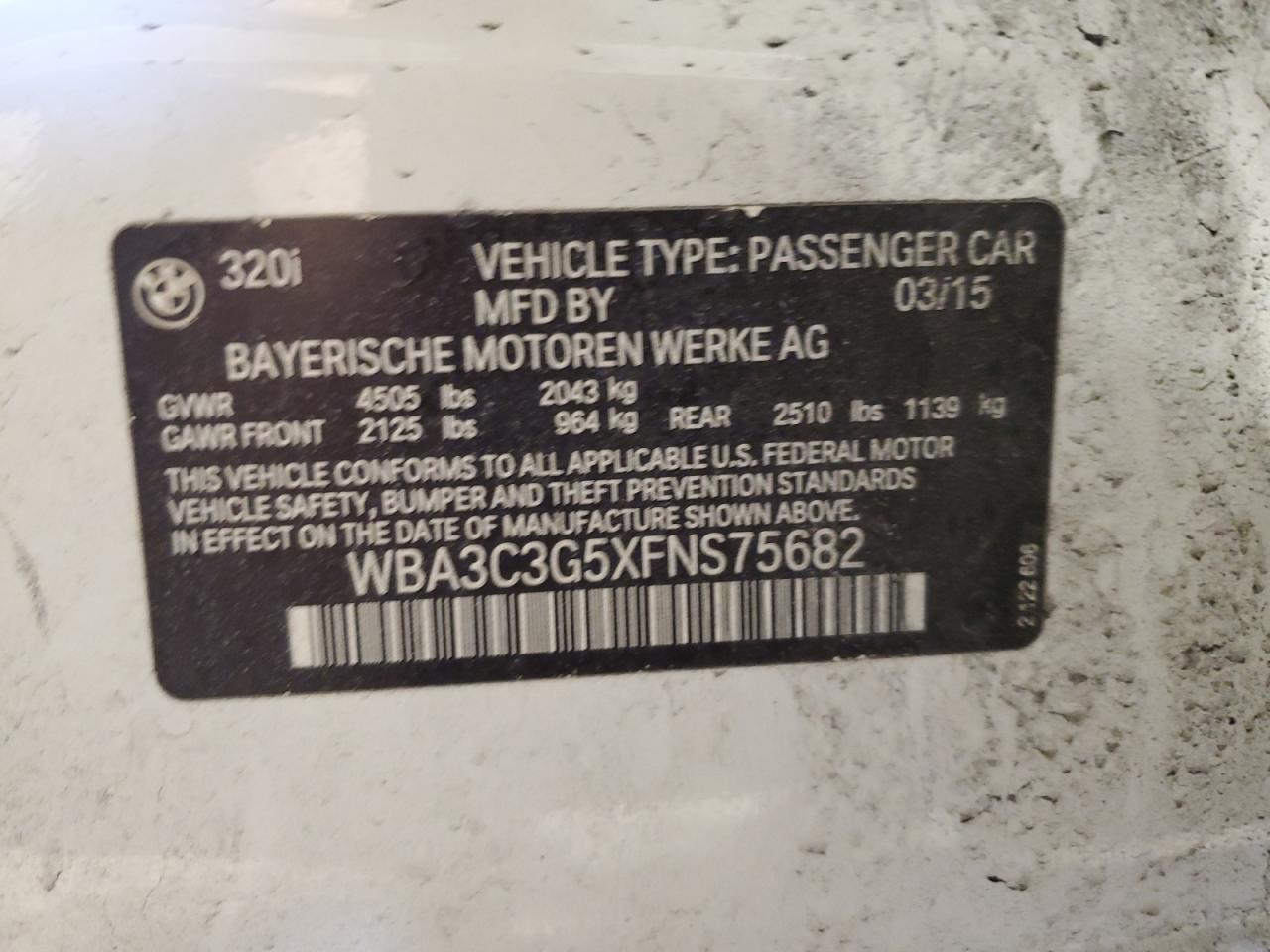 2015 BMW 3er VIN WBA3C3G5XFNS75682 Copart auction photo, front end damage thumbnail 12
