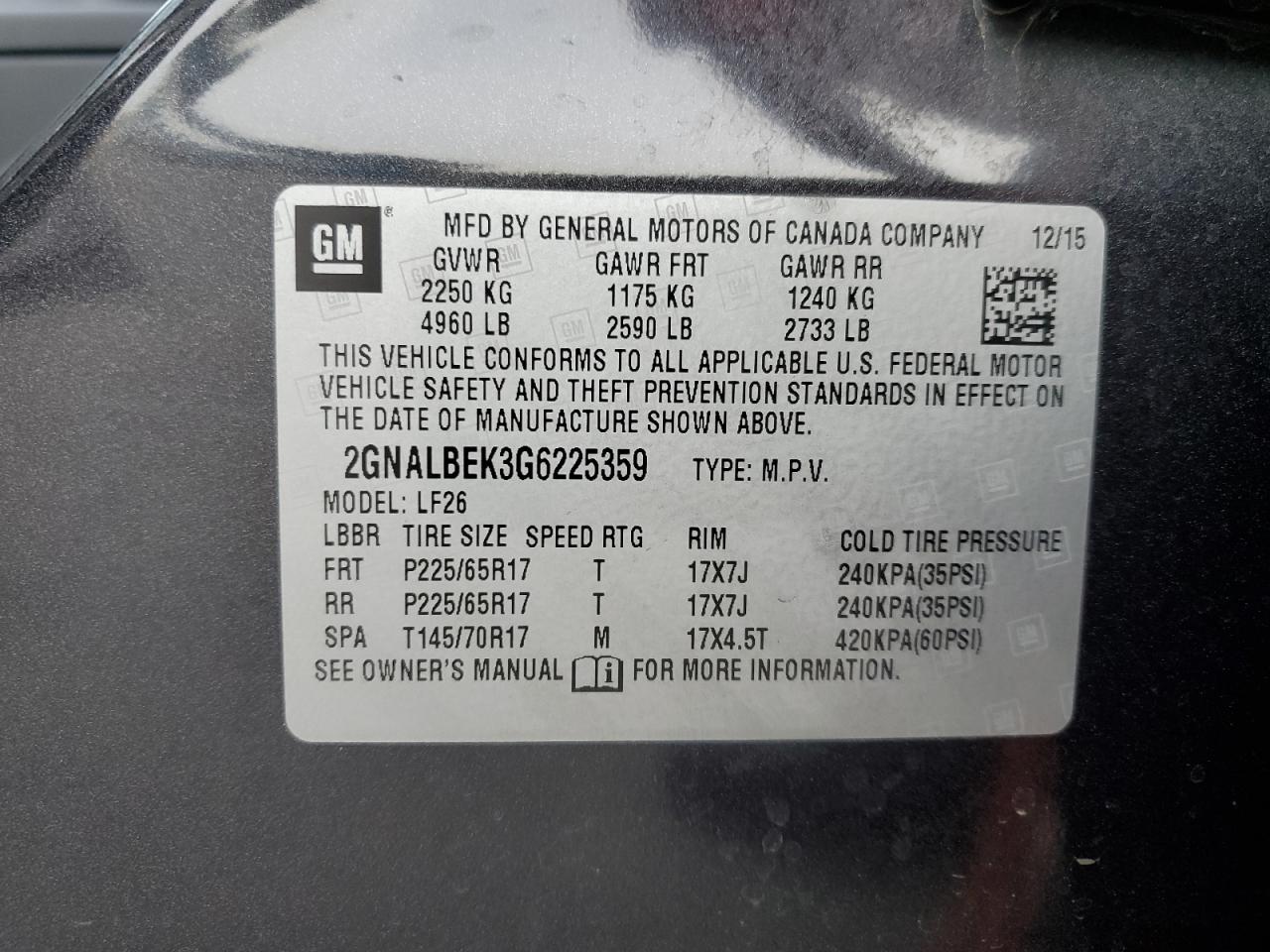 2016 Chevrolet Equinox VIN 2GNALBEK3G6225359 Copart auction photo, minor dent/scratches damage thumbnail 13
