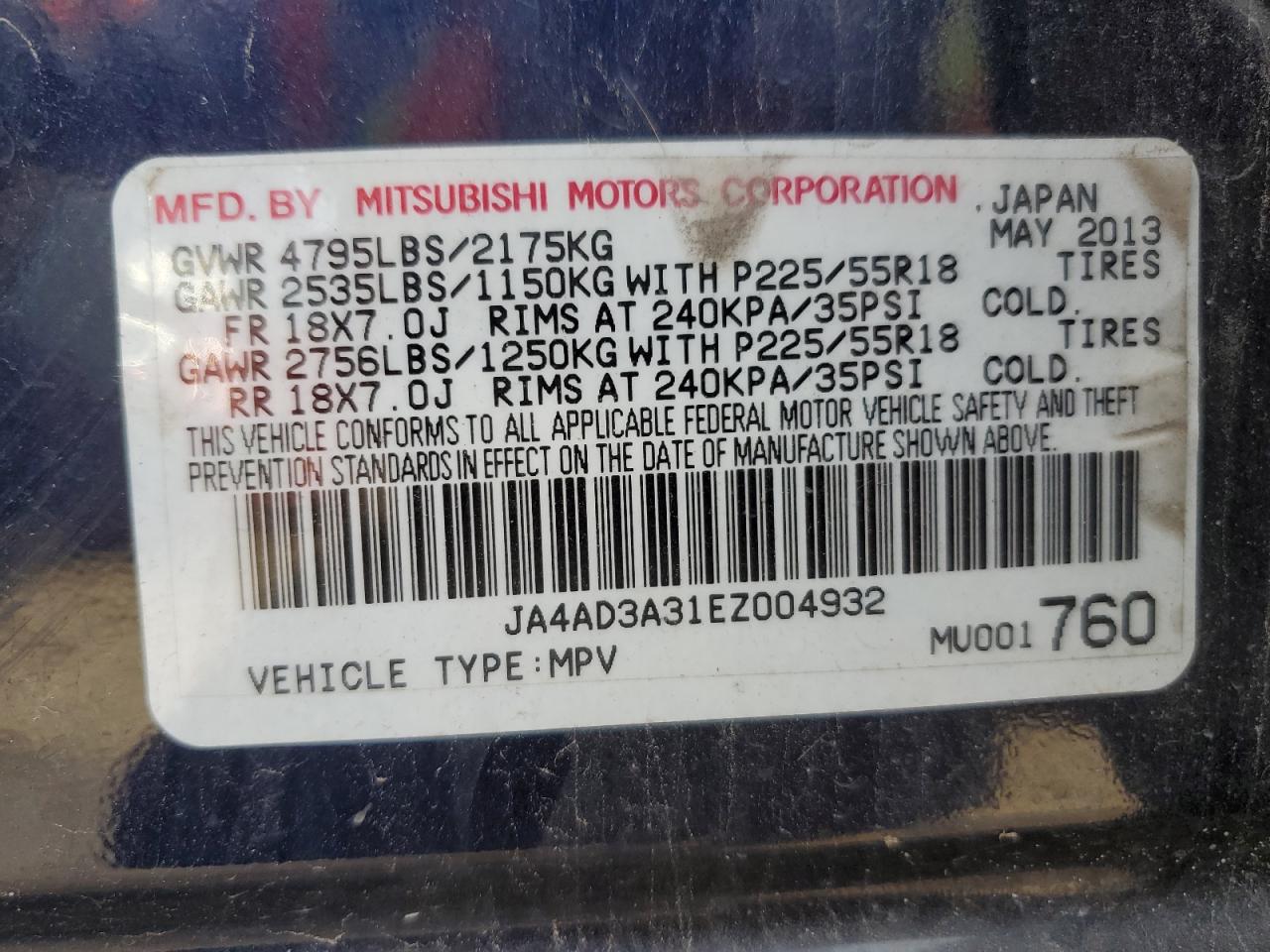 2014 Mitsubishi Outlander VIN JA4AD3A31EZ004932 Copart auction photo, rear end damage thumbnail 12