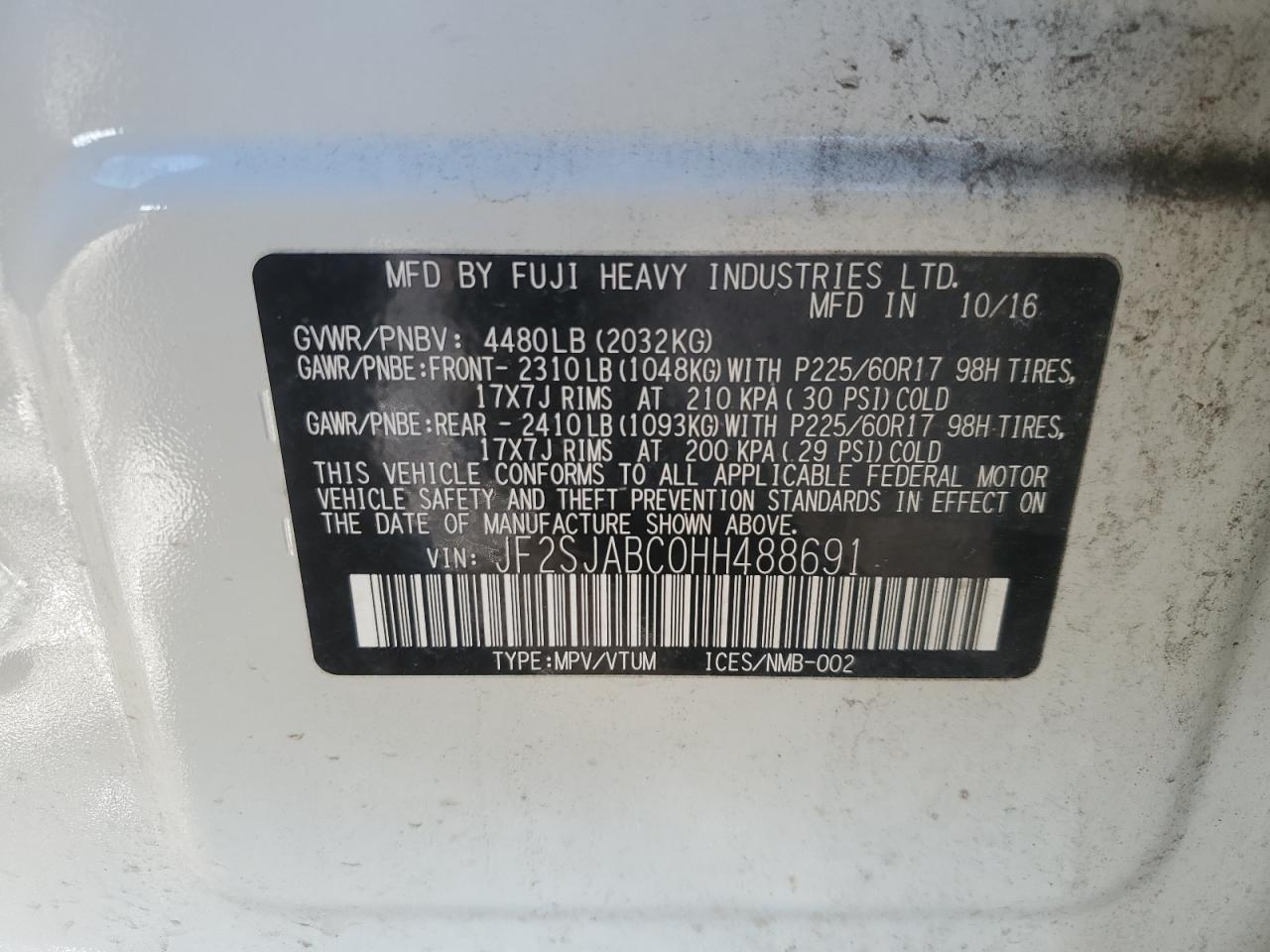 2017 Subaru Forester VIN JF2SJABC0HH488691 Copart auction photo, all over damage thumbnail 13