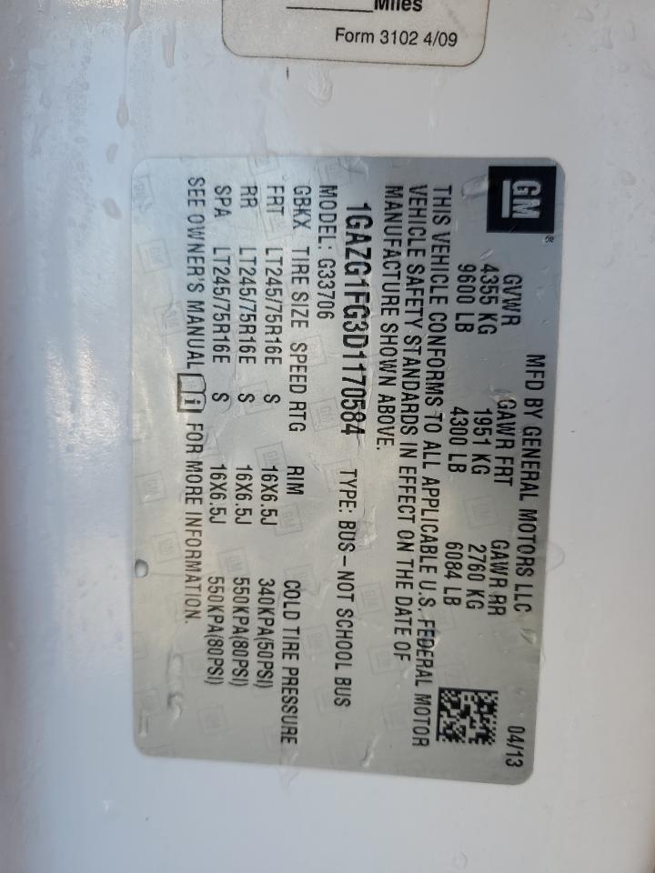 2013 Chevrolet Express VIN 1GAZG1FG3D1170584 Copart auction photo, front end damage thumbnail 14