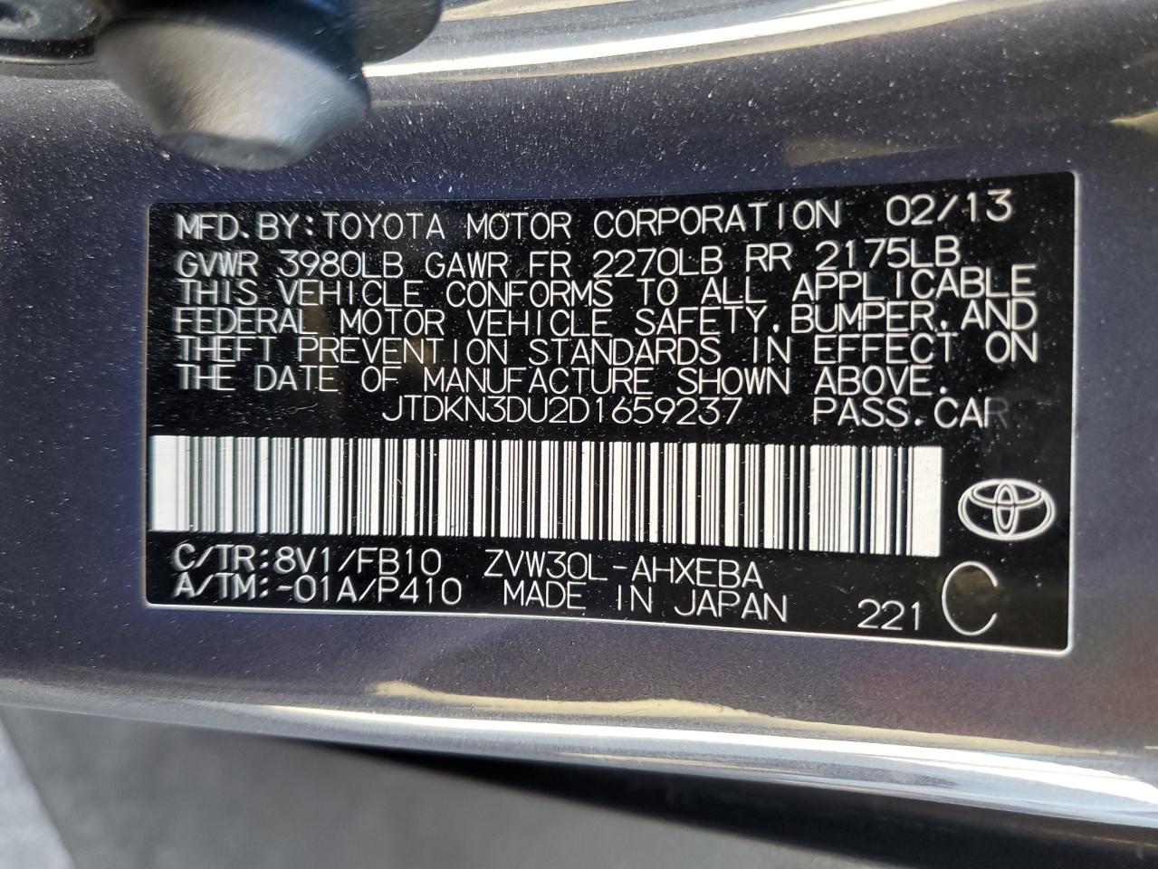 2013 Toyota Prius VIN JTDKN3DU2D1659237 Copart auction photo, rear end damage thumbnail 12