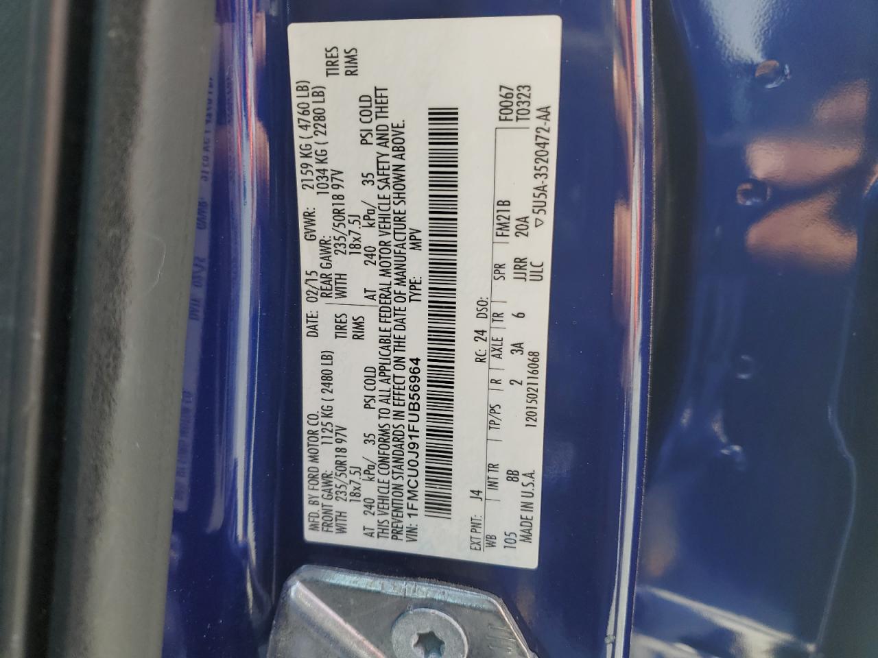 2015 Ford Escape VIN 1FMCU0J91FUB56964 Copart auction photo, rear end damage thumbnail 13