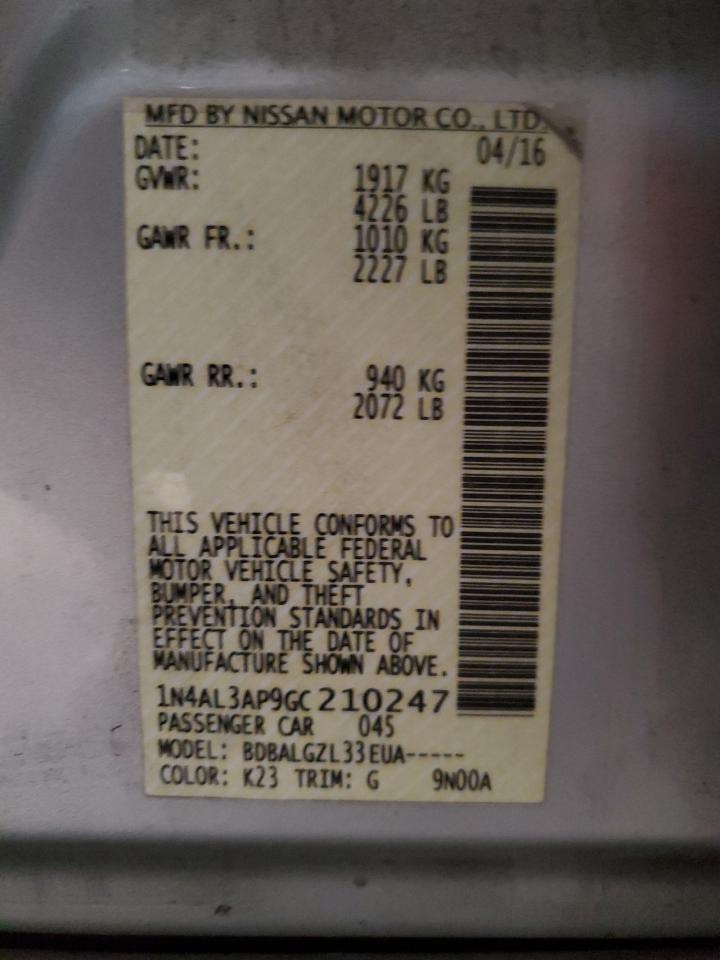 2016 Nissan Altima VIN 1N4AL3AP9GC210247 Copart auction photo, rear end / front end damage thumbnail 12
