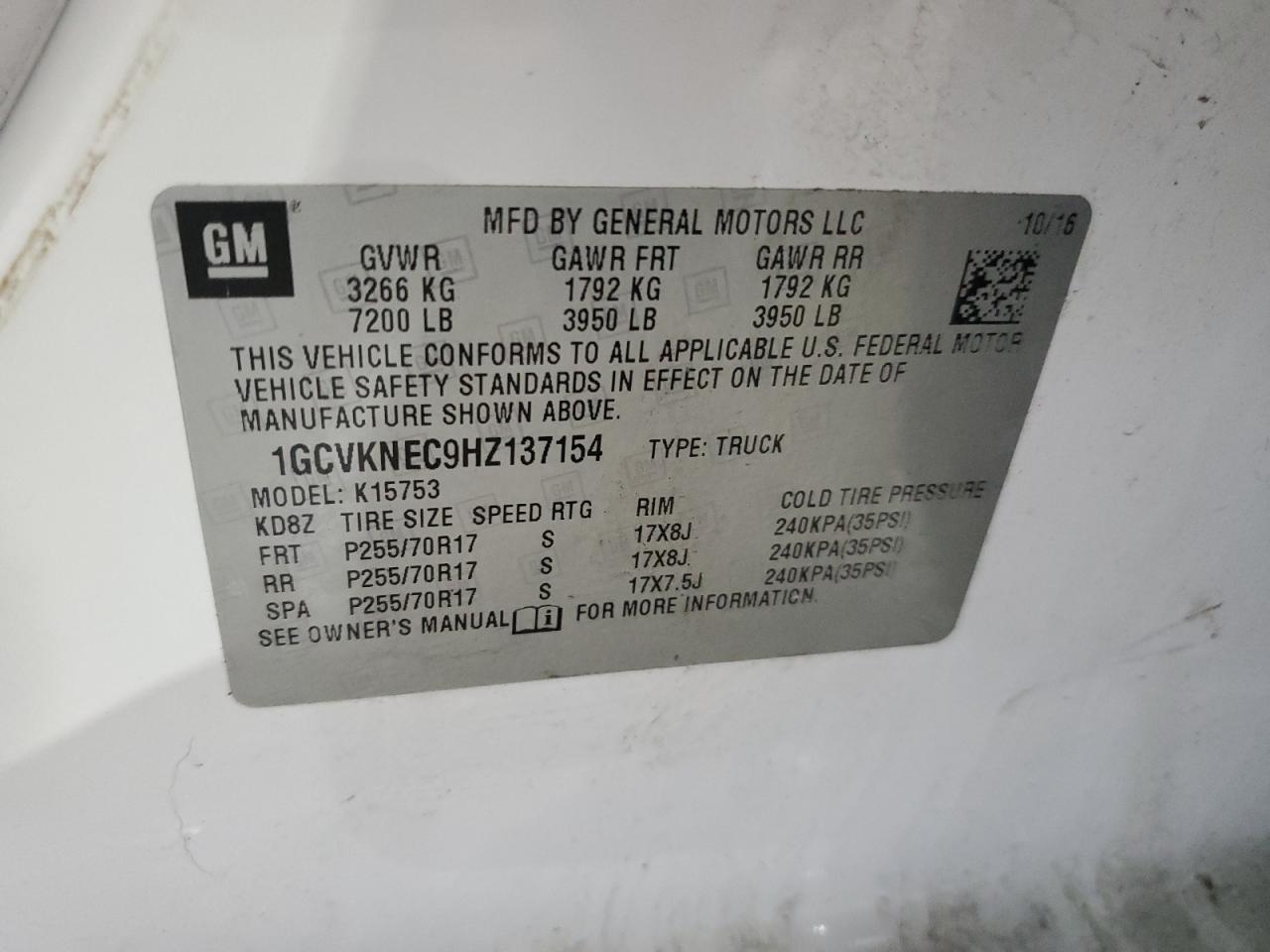 2017 Chevrolet Silverado VIN 1GCVKNEC9HZ137154 Copart auction photo, side / rear end damage thumbnail 12