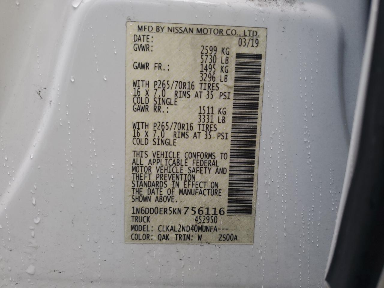 2019 Nissan Navara (Frontier) VIN 1N6DD0ER5KN756116 Copart auction photo, water/flood damage thumbnail 12