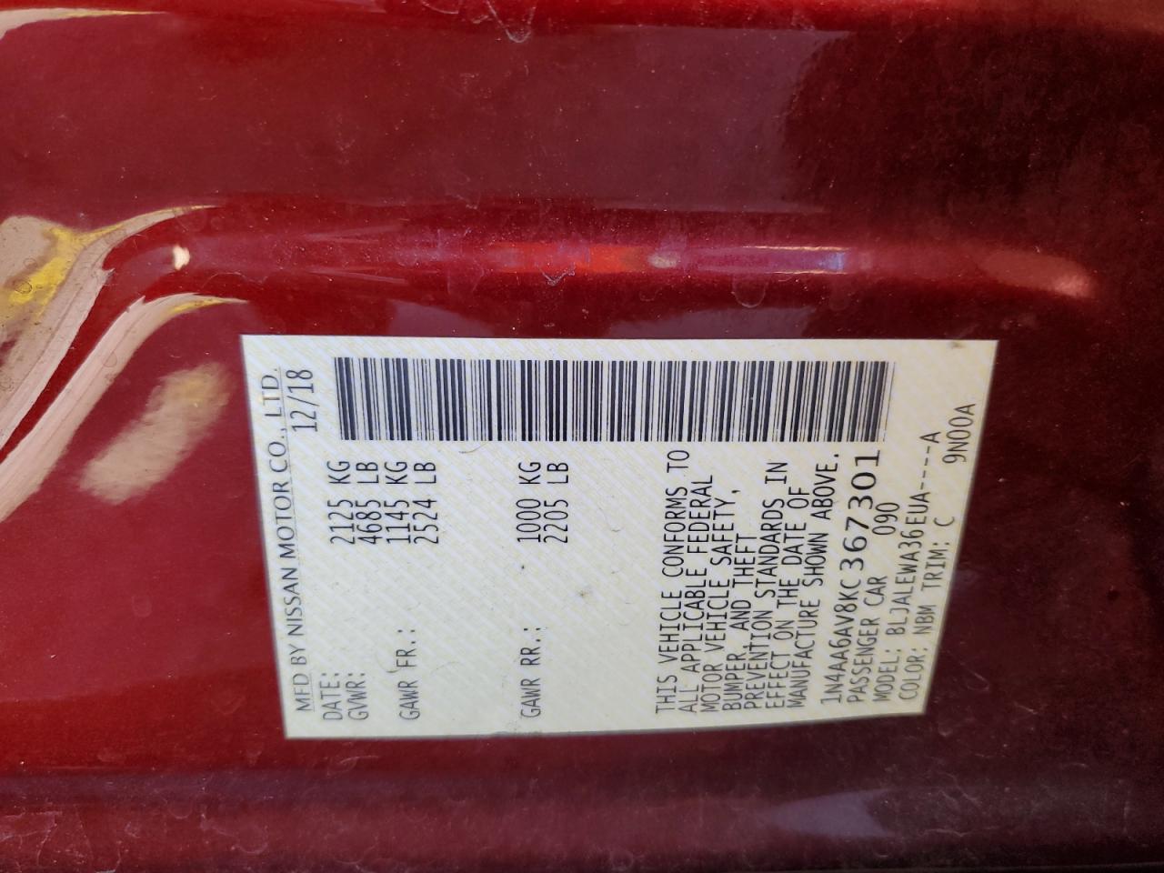 2019 Nissan Maxima VIN 1N4AA6AV8KC367301 Copart auction photo, front end / side damage thumbnail 12